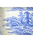 Blue and white porcelain tray with landscape scene, pavilion, and willow trees in antique style design.