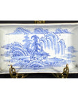 Blue and white porcelain tray featuring a landscape design with pavilion and willow trees.