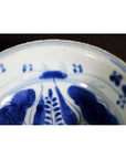 Close-up of blue and white porcelain dish with radial botanical spray pattern on rim, antique Asian style.