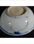 Blue and white porcelain dish with radial botanical spray design and unglazed base ring, close-up view.