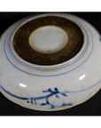 Blue and white porcelain dish, rosette medallion design with floral accents near the base rim, shown upside down.