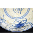 Close-up of off-white porcelain plate with hand-painted blue abstract patterns and butterfly design, antique Chinese style.