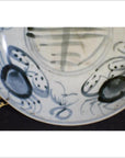 Close-up of white antique porcelain plate with painted abstract radial lines and floral ring near the rim.