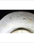 Close-up of a white ceramic plate with radial medallion pattern, showing cracks, chips, and holes.
