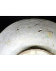 Close-up of a white ceramic plate with radial medallion pattern, showing cracks, chips, and holes.