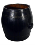 Brown varnished wood grain Chinese barrel with metal bands, open top, on white background.