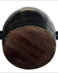 Brown varnished wood Chinese barrel with side handles, 19th century, round base shown in close-up from below.