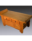 Dark wood Chinese Kang low cabinet with everted flanges, two drawers, carved legs, and flat lid with side panels.