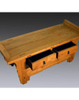 Dark wood antique Chinese Kang low cabinet with everted flanges, open drawers, and decorative side supports.
