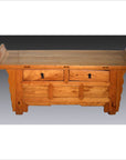Brown wood Chinese Kang low cabinet with everted flanges, two drawers, side panels, and rustic smooth surface.