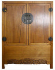 Black and red lacquered wood Chinese cabinet with brass hardware, doors, and drawers, front view.