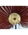 Close-up of maroon and gold antique Chinese fabric flags with pleats on a light background.