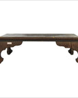 Dark wood antique Chinese Kang coffee table with rectangular top and curved legs, against plain white background.