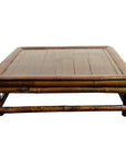 Brown wood antique Chinese low Kang square ceremonial prayer table with flat top and rounded edges, minimalist style.