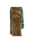 Close-up of green and brown glazed terracotta court figure statue, Chinese robed design with tied belt detail.