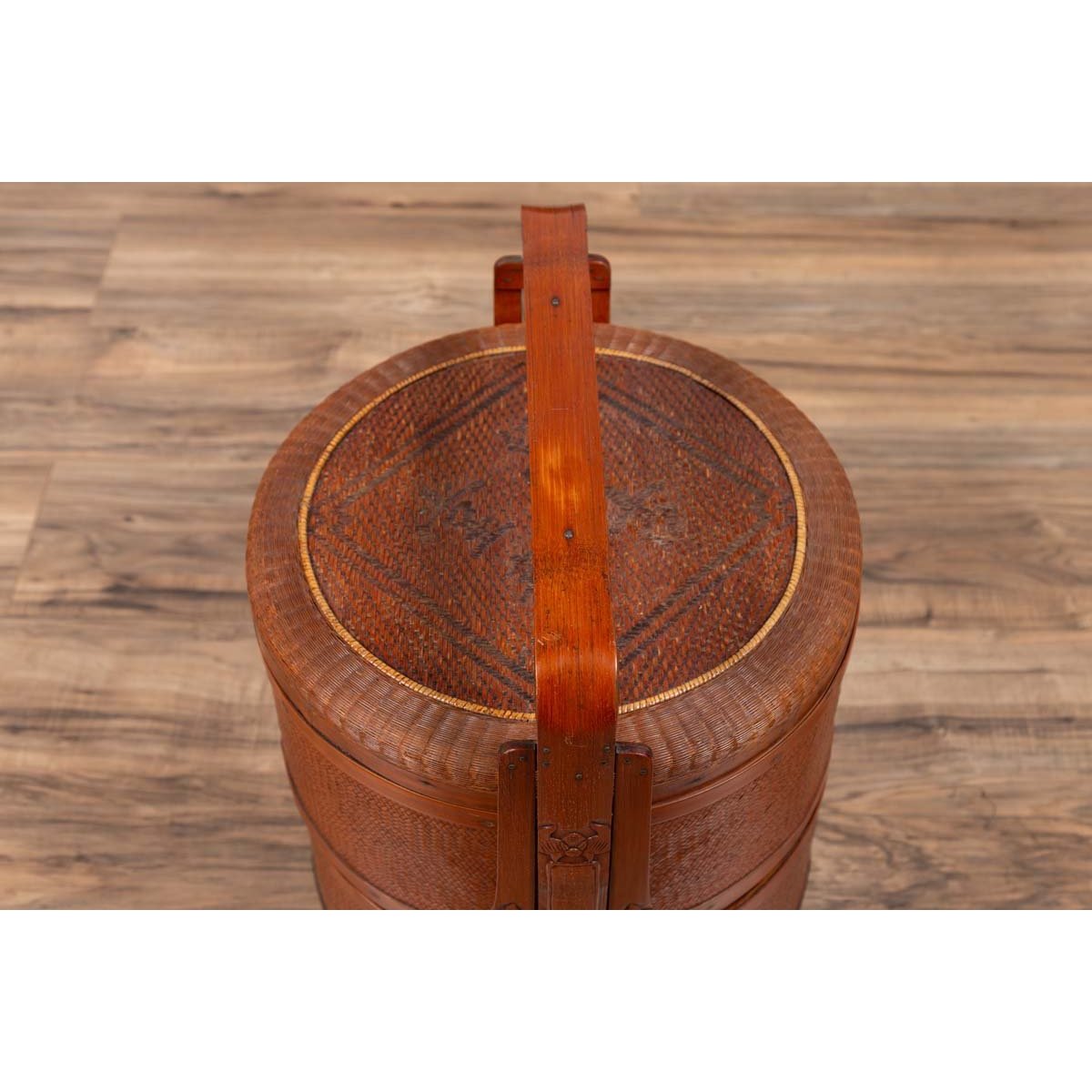 Antique Chinese Rattan Nested Lunch Basket with Carved Handle and Calligraphy-11. Asian & Chinese Furniture, Art, Antiques, Vintage Home Décor for sale at FEA Home