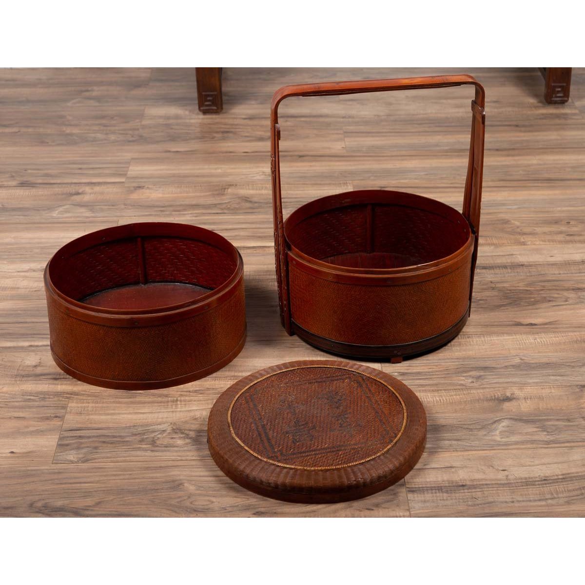 Antique Chinese Rattan Nested Lunch Basket with Carved Handle and Calligraphy-14. Asian & Chinese Furniture, Art, Antiques, Vintage Home Décor for sale at FEA Home