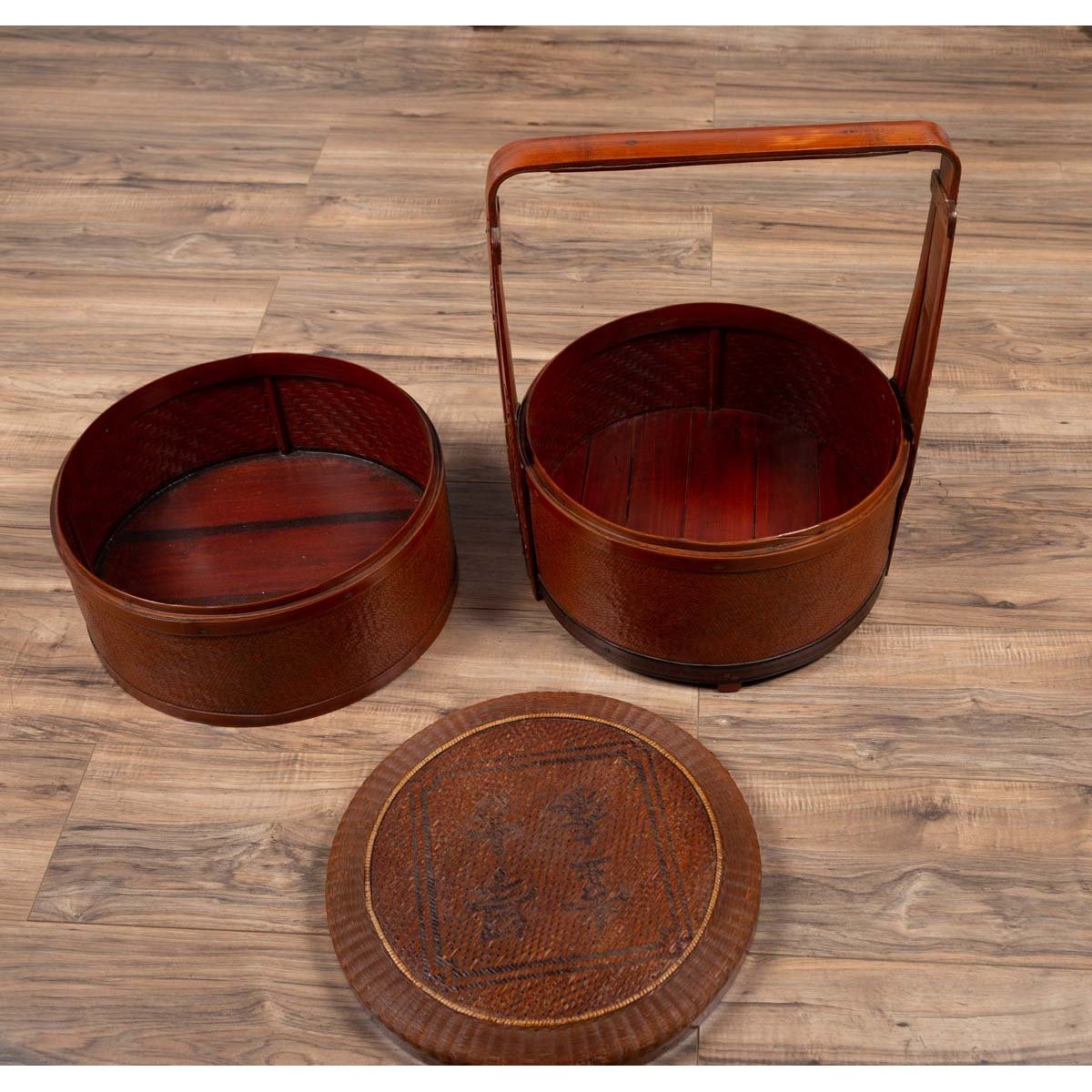 Antique Chinese Rattan Nested Lunch Basket with Carved Handle and Calligraphy-3. Asian & Chinese Furniture, Art, Antiques, Vintage Home Décor for sale at FEA Home