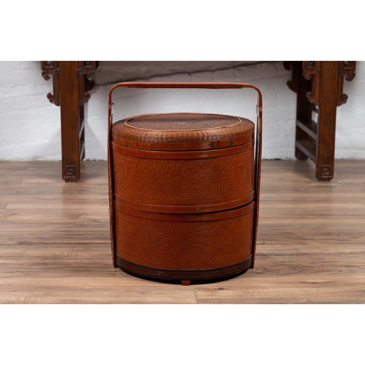 Antique Chinese Rattan Nested Lunch Basket with Carved Handle and Calligraphy-5. Asian & Chinese Furniture, Art, Antiques, Vintage Home Décor for sale at FEA Home