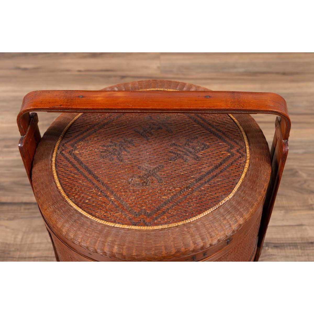 Antique Chinese Rattan Nested Lunch Basket with Carved Handle and Calligraphy-6. Asian & Chinese Furniture, Art, Antiques, Vintage Home Décor for sale at FEA Home