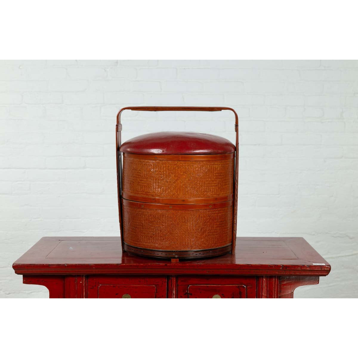 Antique Chinese Rattan Tiered Wedding Basket with Carved Handle and Red Top-11. Asian & Chinese Furniture, Art, Antiques, Vintage Home Décor for sale at FEA Home