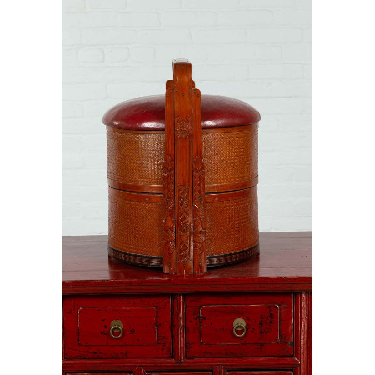 Antique Chinese Rattan Tiered Wedding Basket with Carved Handle and Red Top-12. Asian & Chinese Furniture, Art, Antiques, Vintage Home Décor for sale at FEA Home
