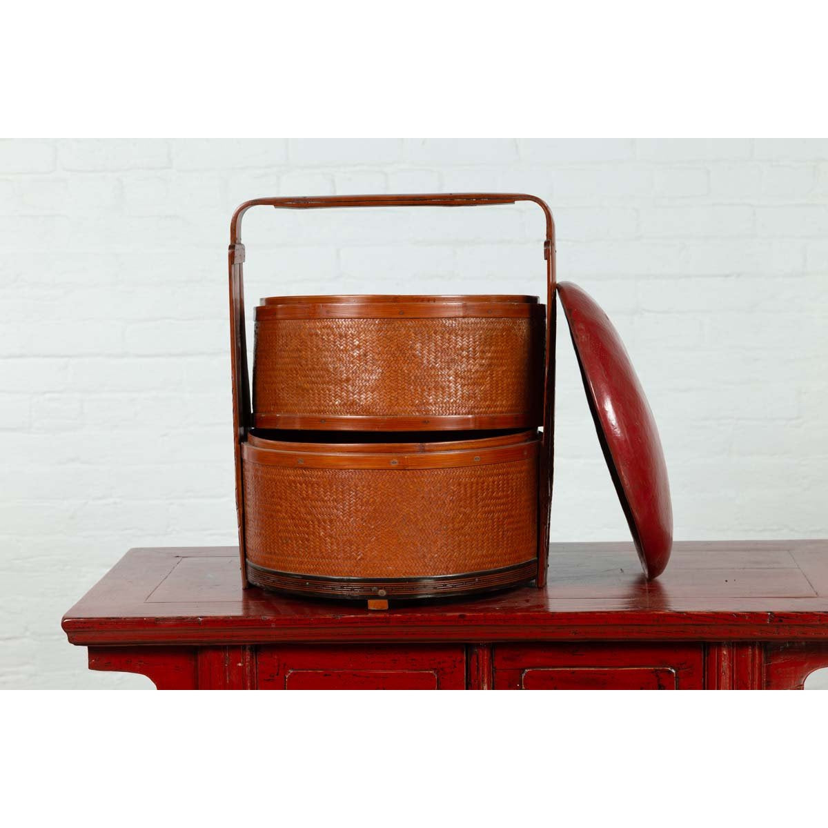 Antique Chinese Rattan Tiered Wedding Basket with Carved Handle and Red Top-13. Asian & Chinese Furniture, Art, Antiques, Vintage Home Décor for sale at FEA Home