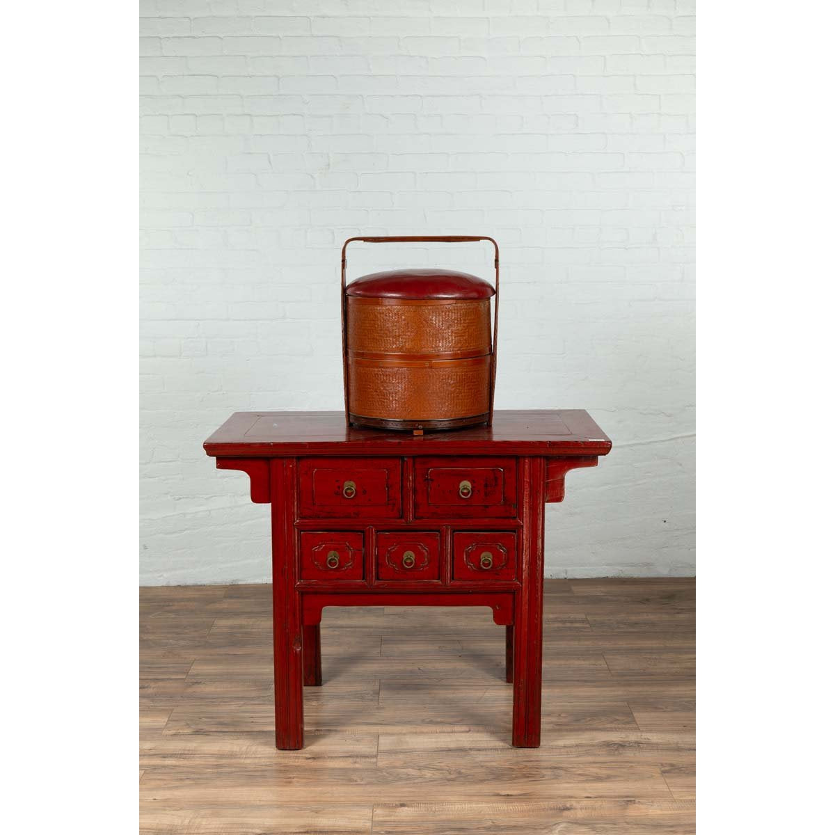 Antique Chinese Rattan Tiered Wedding Basket with Carved Handle and Red Top-5. Asian & Chinese Furniture, Art, Antiques, Vintage Home Décor for sale at FEA Home