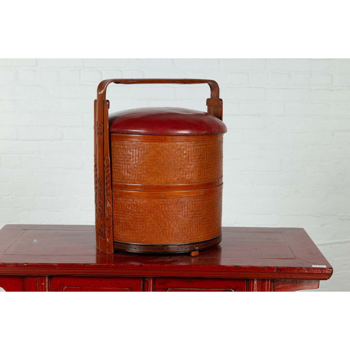 Antique Chinese Rattan Tiered Wedding Basket with Carved Handle and Red Top-8. Asian & Chinese Furniture, Art, Antiques, Vintage Home Décor for sale at FEA Home