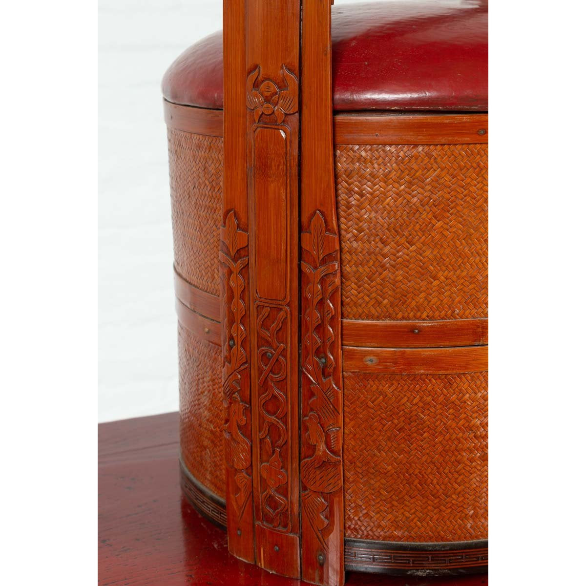 Antique Chinese Rattan Tiered Wedding Basket with Carved Handle and Red Top-9. Asian & Chinese Furniture, Art, Antiques, Vintage Home Décor for sale at FEA Home