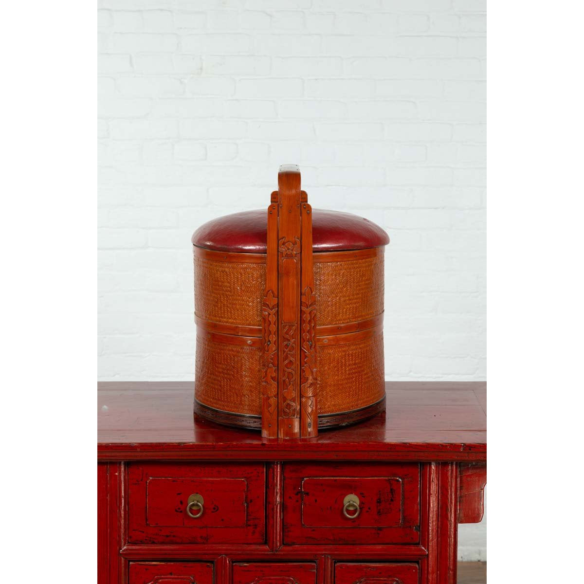 Antique Chinese Rattan Tiered Wedding Basket with Carved Handle and Red Top-10. Asian & Chinese Furniture, Art, Antiques, Vintage Home Décor for sale at FEA Home