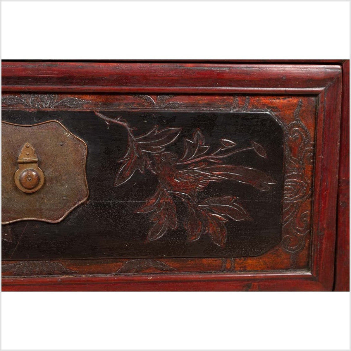 Antique Chinese Red and Black Lacquered Three-Section Chest with Carved Figures-11. Asian & Chinese Furniture, Art, Antiques, Vintage Home Décor for sale at FEA Home