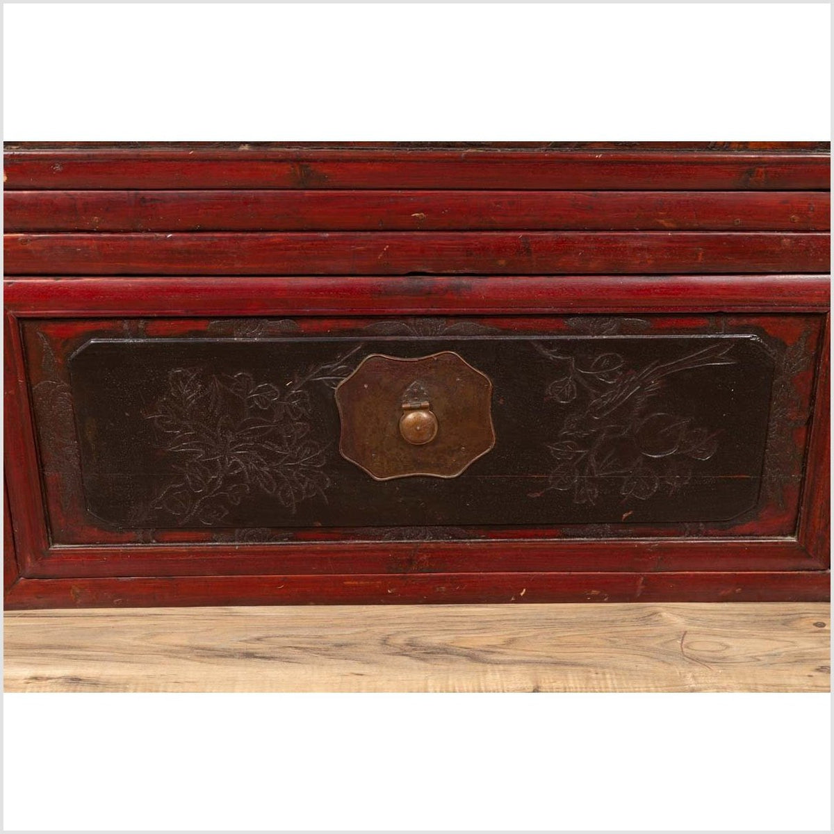 Antique Chinese Red and Black Lacquered Three-Section Chest with Carved Figures-12. Asian & Chinese Furniture, Art, Antiques, Vintage Home Décor for sale at FEA Home