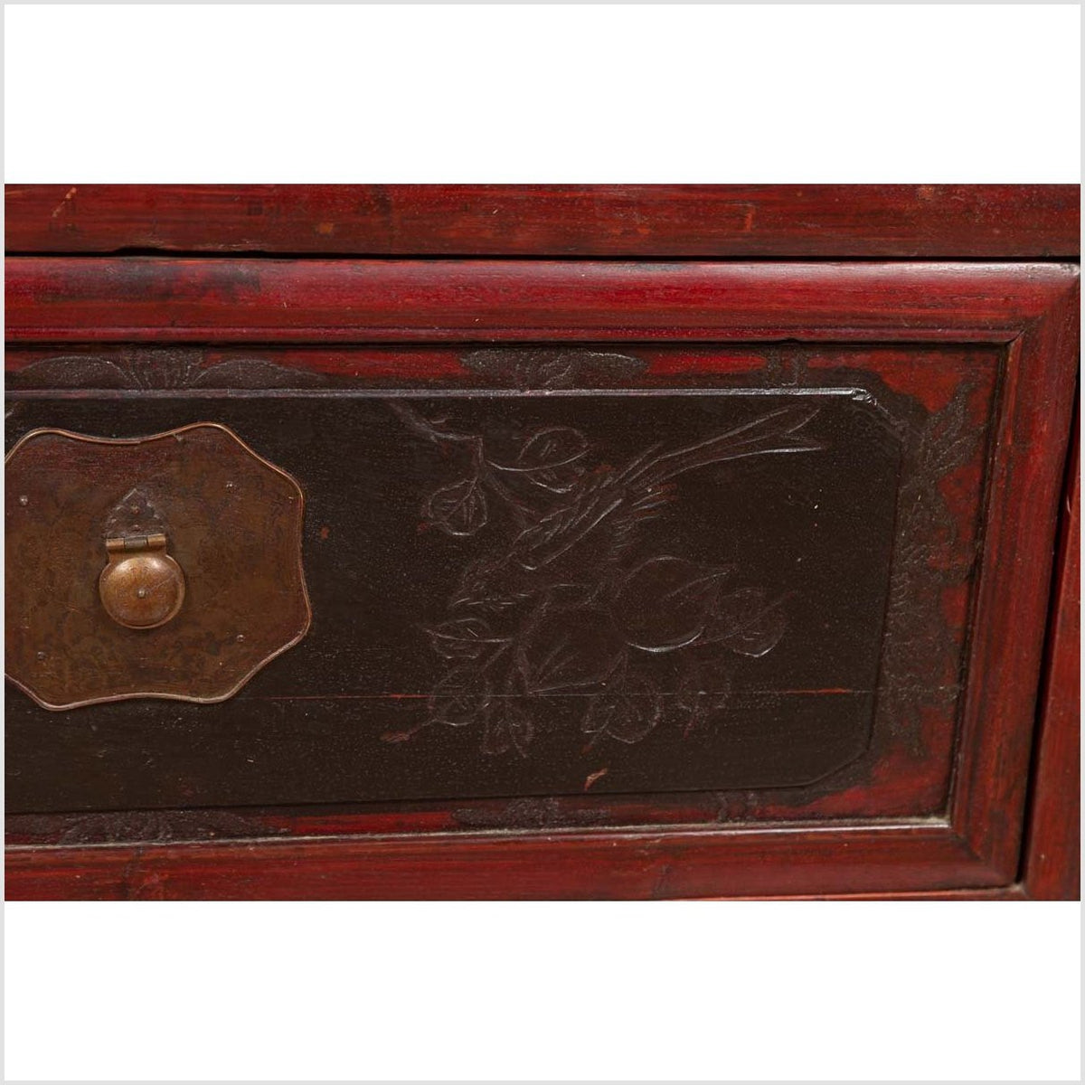 Antique Chinese Red and Black Lacquered Three-Section Chest with Carved Figures-14. Asian & Chinese Furniture, Art, Antiques, Vintage Home Décor for sale at FEA Home