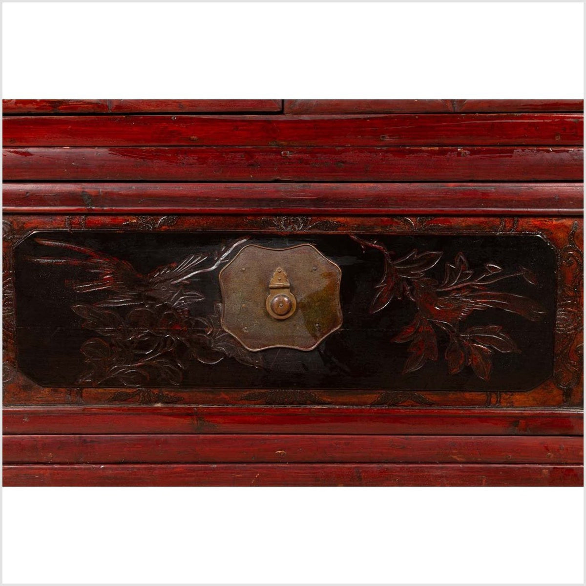 Antique Chinese Red and Black Lacquered Three-Section Chest with Carved Figures-15. Asian & Chinese Furniture, Art, Antiques, Vintage Home Décor for sale at FEA Home