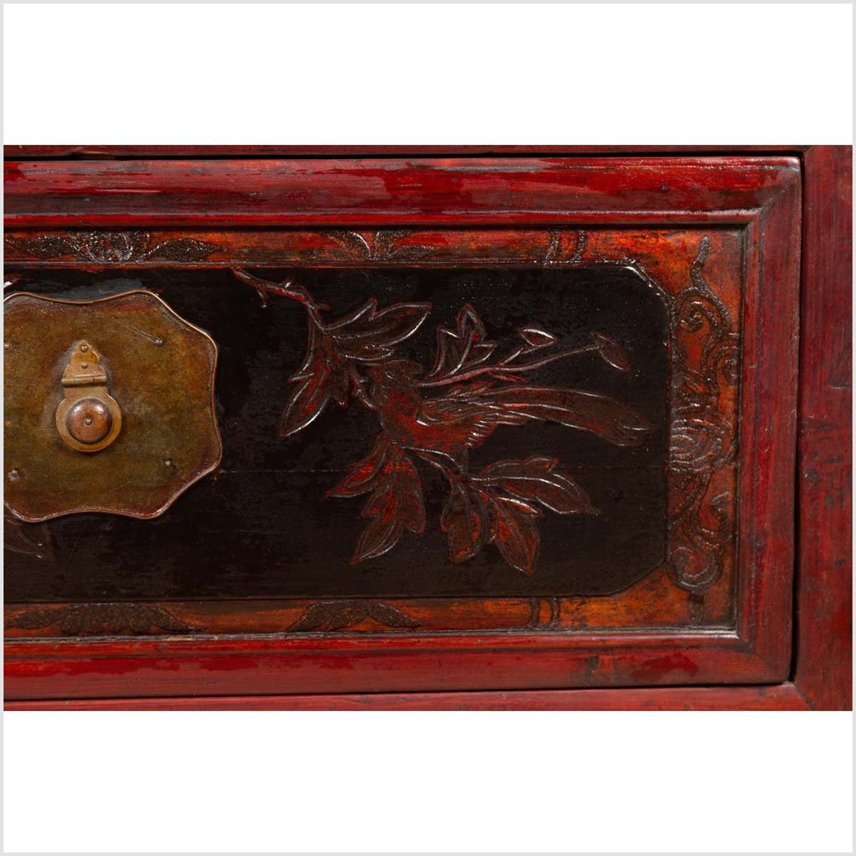 Antique Chinese Red and Black Lacquered Three-Section Chest with Carved Figures-16. Asian & Chinese Furniture, Art, Antiques, Vintage Home Décor for sale at FEA Home