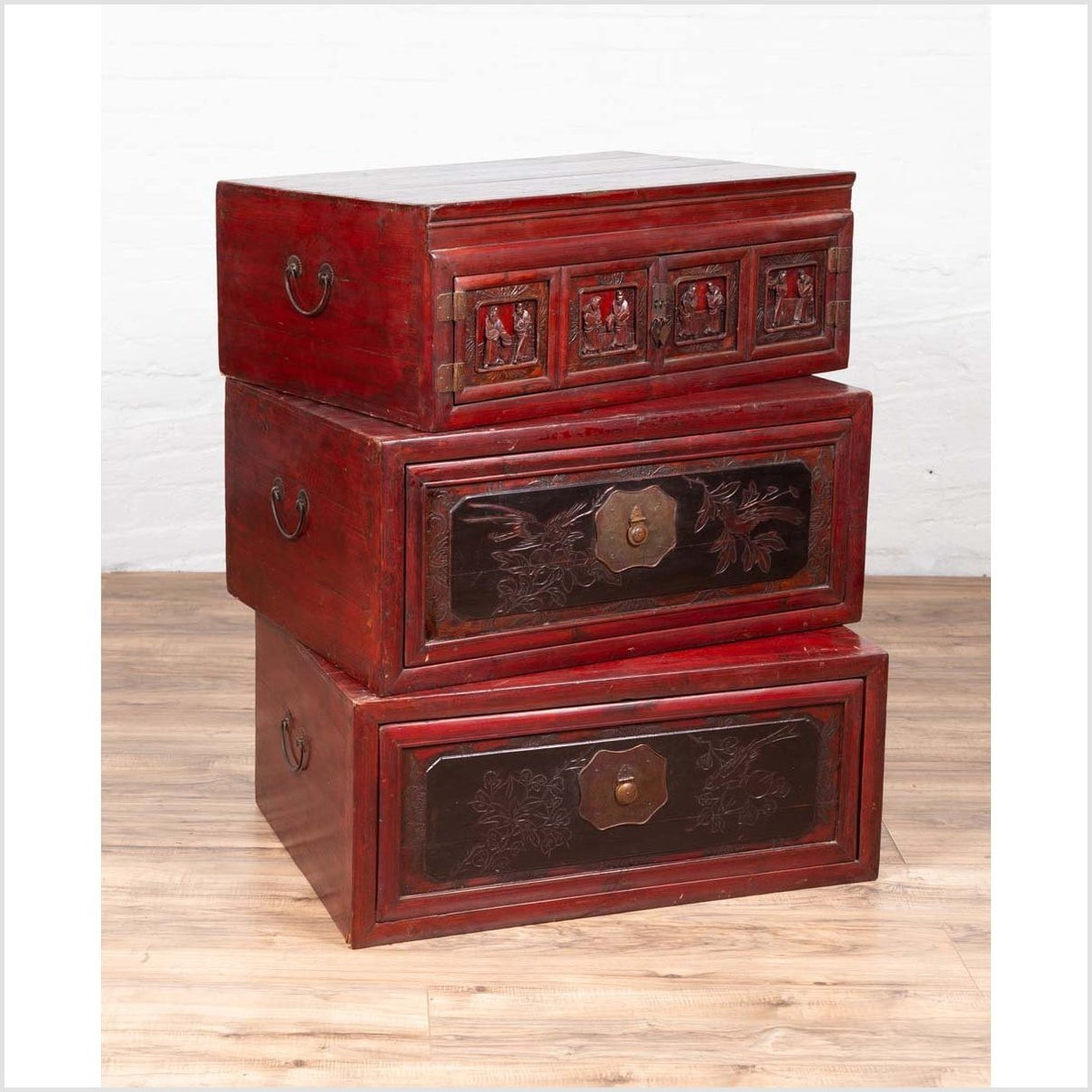 Antique Chinese Red and Black Lacquered Three-Section Chest with Carved Figures-17. Asian & Chinese Furniture, Art, Antiques, Vintage Home Décor for sale at FEA Home