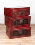 Antique Chinese Red and Black Lacquered Three-Section Chest with Carved Figures-17. Asian & Chinese Furniture, Art, Antiques, Vintage Home Décor for sale at FEA Home