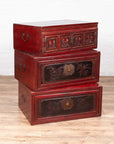 Antique Chinese Red and Black Lacquered Three-Section Chest with Carved Figures-17. Asian & Chinese Furniture, Art, Antiques, Vintage Home Décor for sale at FEA Home