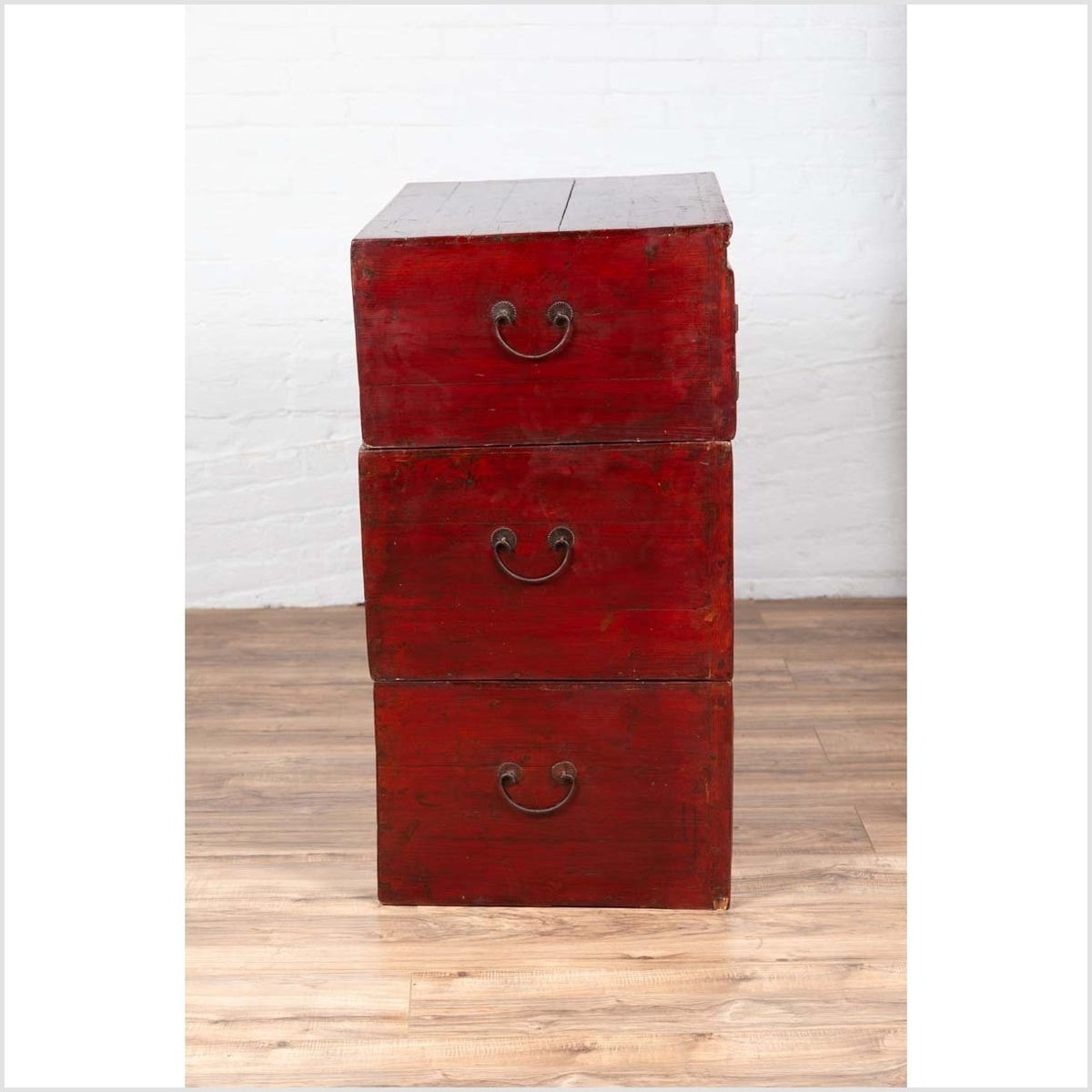 Antique Chinese Red and Black Lacquered Three-Section Chest with Carved Figures-18. Asian & Chinese Furniture, Art, Antiques, Vintage Home Décor for sale at FEA Home