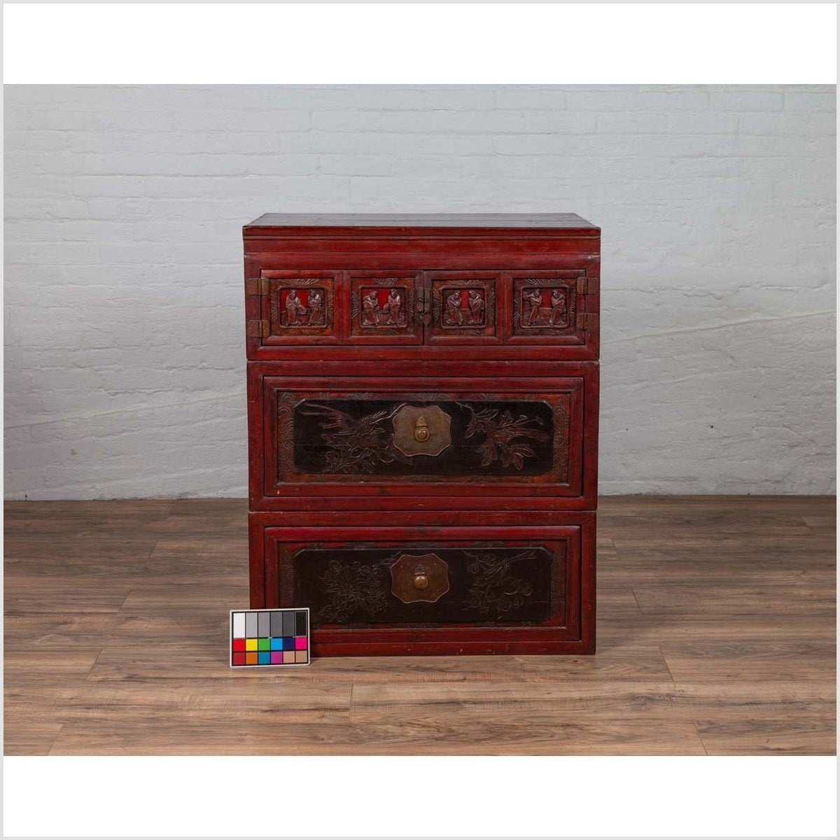 Antique Chinese Red and Black Lacquered Three-Section Chest with Carved Figures-4. Asian & Chinese Furniture, Art, Antiques, Vintage Home Décor for sale at FEA Home