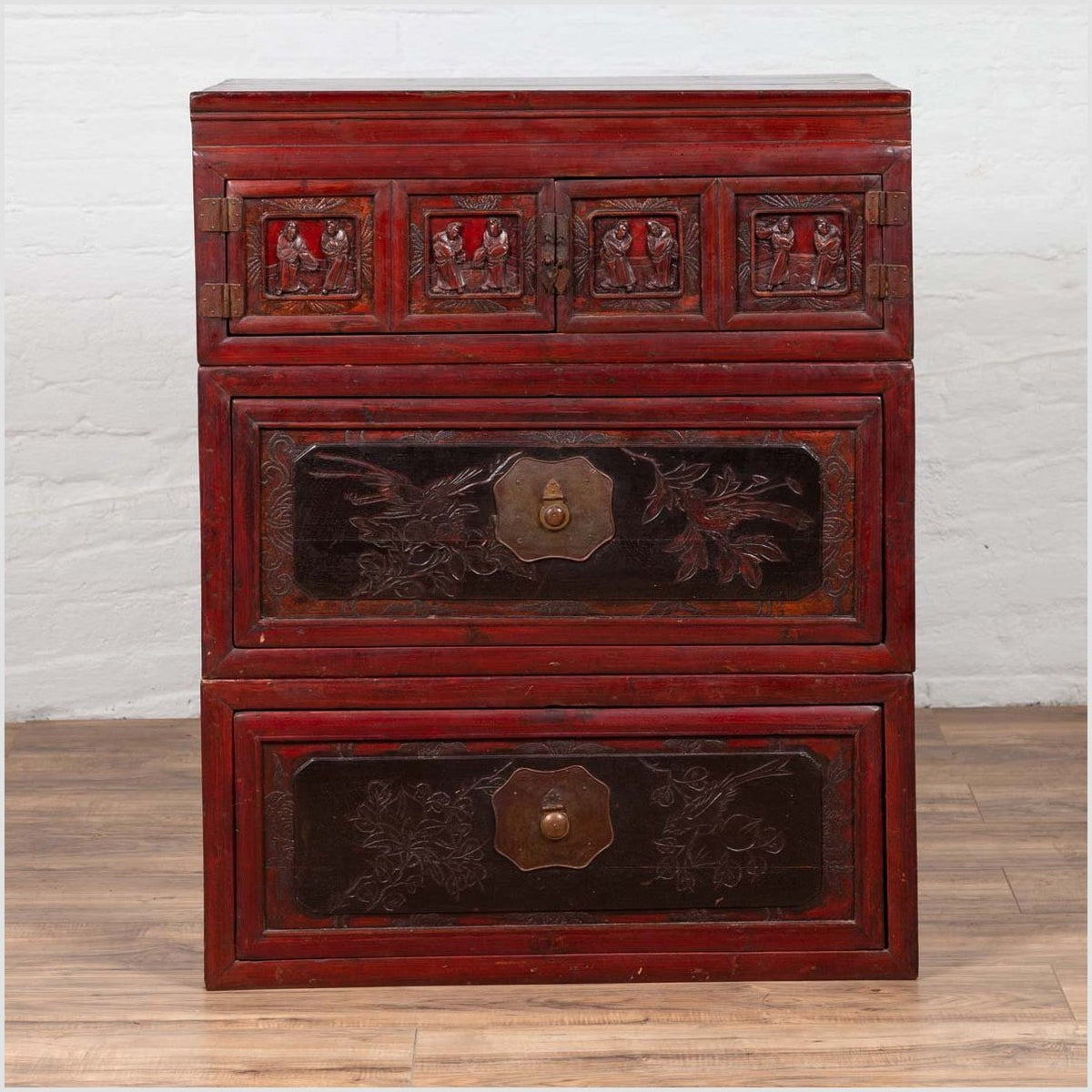 Antique Chinese Red and Black Lacquered Three-Section Chest with Carved Figures-5. Asian & Chinese Furniture, Art, Antiques, Vintage Home Décor for sale at FEA Home