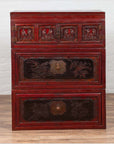 Antique Chinese Red and Black Lacquered Three-Section Chest with Carved Figures-5. Asian & Chinese Furniture, Art, Antiques, Vintage Home Décor for sale at FEA Home