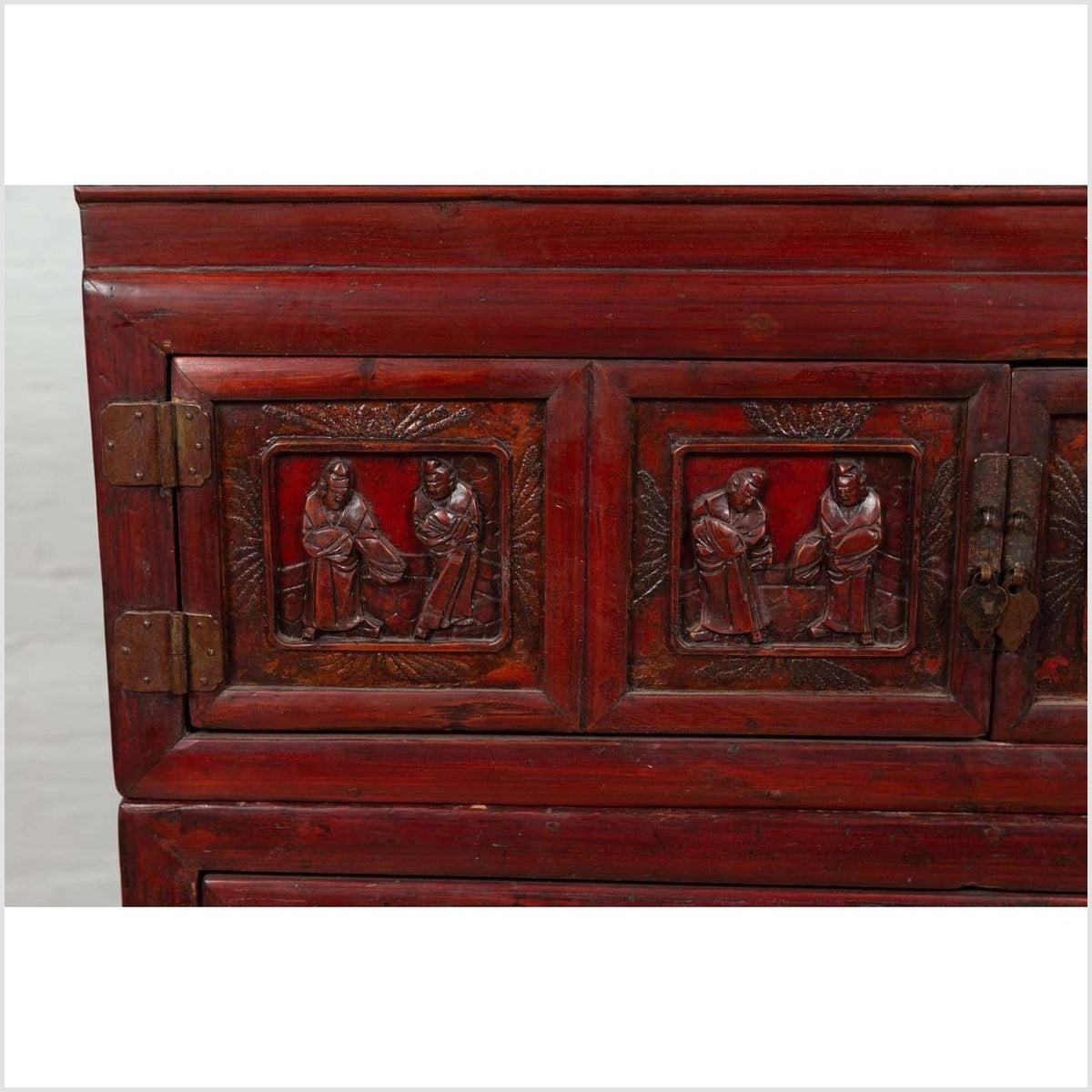 Antique Chinese Red and Black Lacquered Three-Section Chest with Carved Figures-6. Asian & Chinese Furniture, Art, Antiques, Vintage Home Décor for sale at FEA Home