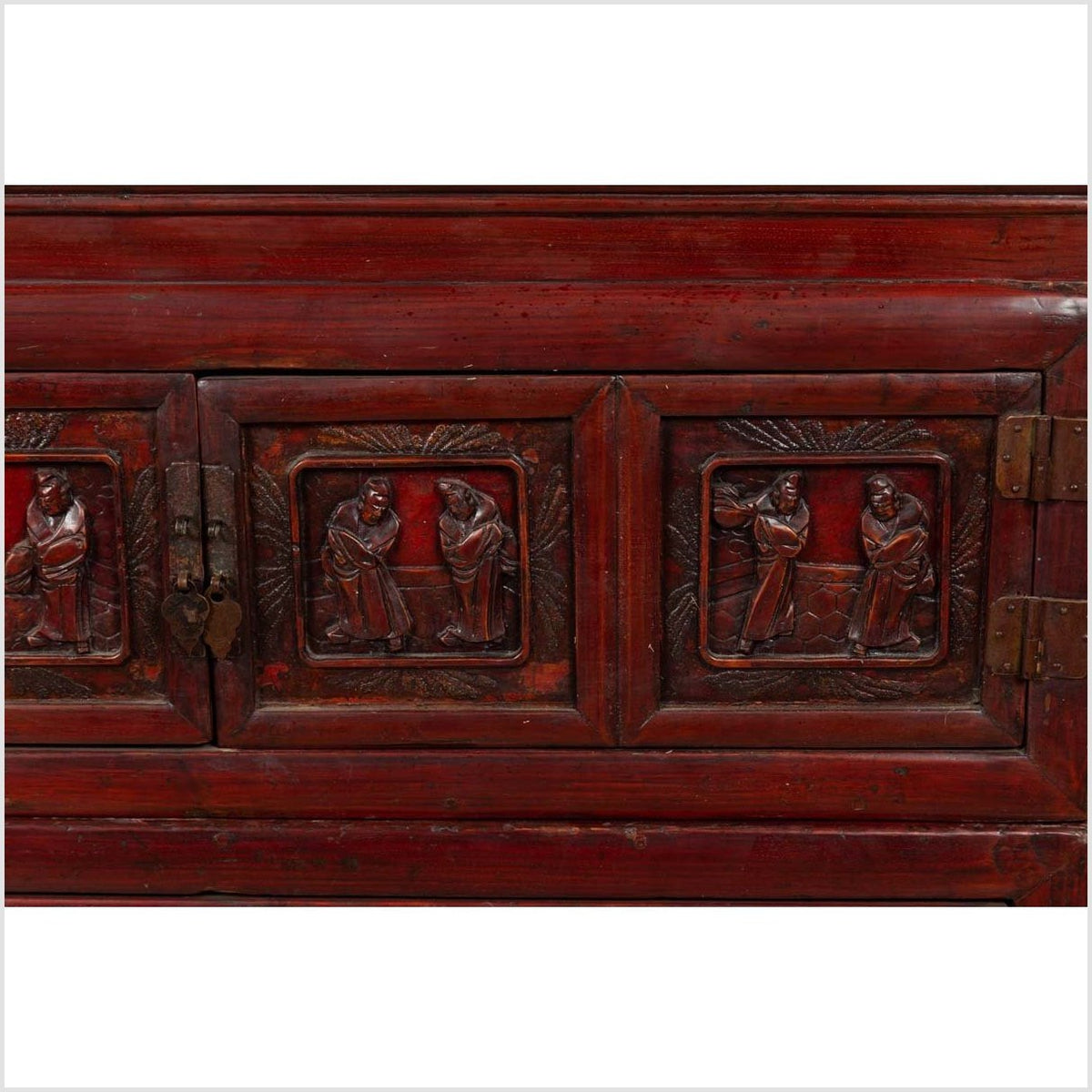 Antique Chinese Red and Black Lacquered Three-Section Chest with Carved Figures-7. Asian & Chinese Furniture, Art, Antiques, Vintage Home Décor for sale at FEA Home