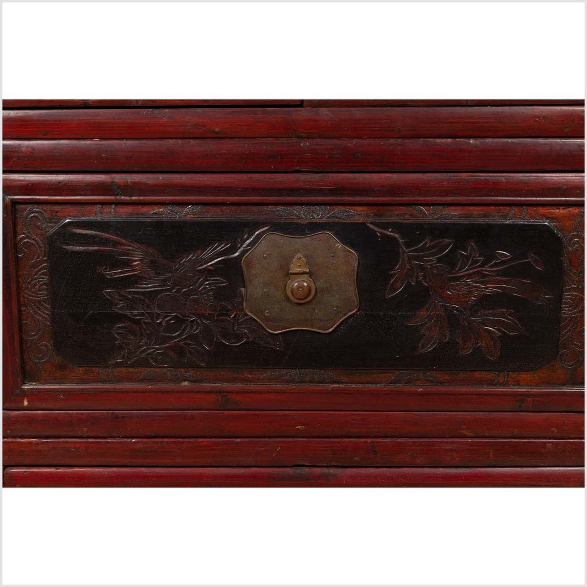 Antique Chinese Red and Black Lacquered Three-Section Chest with Carved Figures-8. Asian & Chinese Furniture, Art, Antiques, Vintage Home Décor for sale at FEA Home