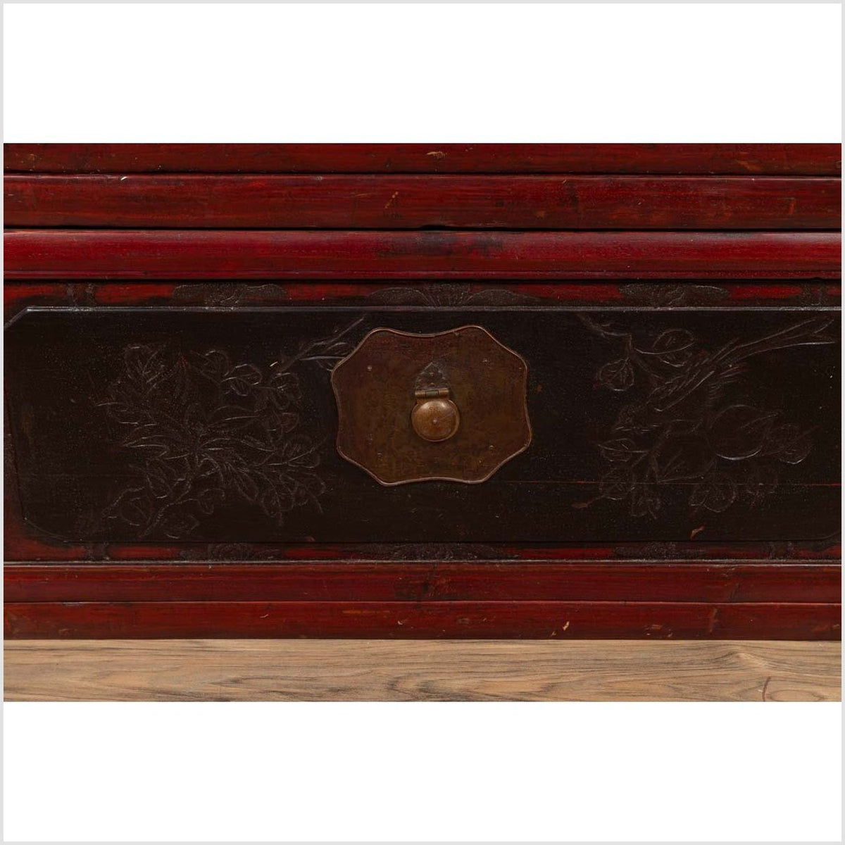 Antique Chinese Red and Black Lacquered Three-Section Chest with Carved Figures-9. Asian & Chinese Furniture, Art, Antiques, Vintage Home Décor for sale at FEA Home