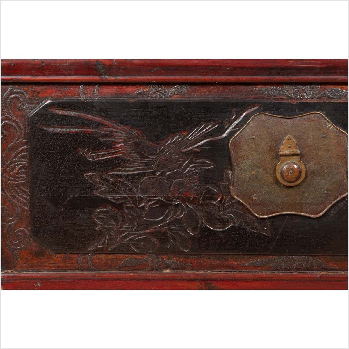 Antique Chinese Red and Black Lacquered Three-Section Chest with Carved Figures-10. Asian & Chinese Furniture, Art, Antiques, Vintage Home Décor for sale at FEA Home