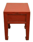 Red lacquer wood side table with square legs, small size, front view.