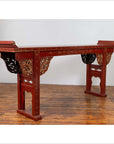 Antique Chinese Red Lacquered Console Table with Gilt Accents and Carved Apron-4. Asian & Chinese Furniture, Art, Antiques, Vintage Home Décor for sale at FEA Home